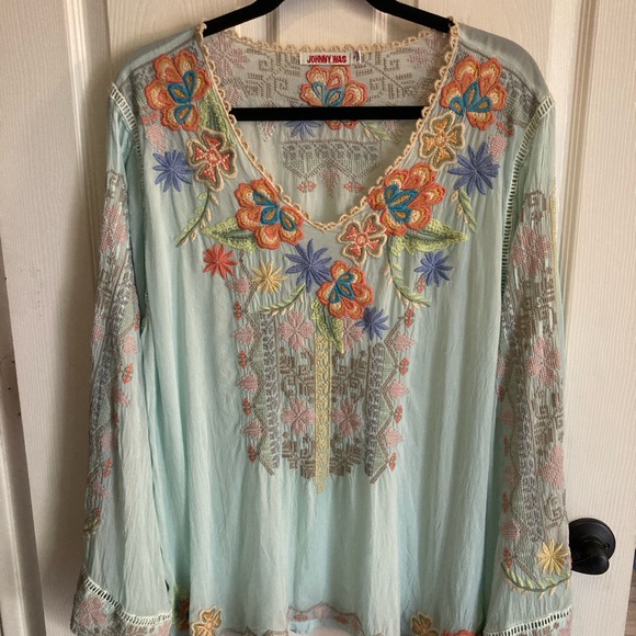 Johnny Was Tops - Johnny Was Floral Embroidered Blouse - Sea Foam